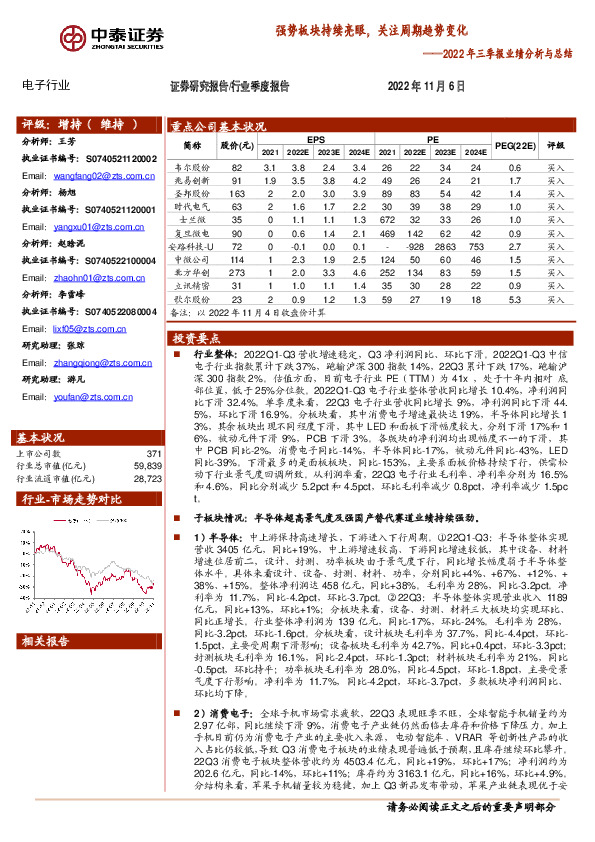 电子行业2022年三季报业绩分析与总结：强势板块持续亮眼，关注周期趋势变化
