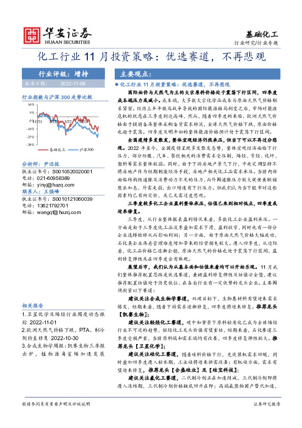 化工行业11月投资策略：优选赛道，不再悲观