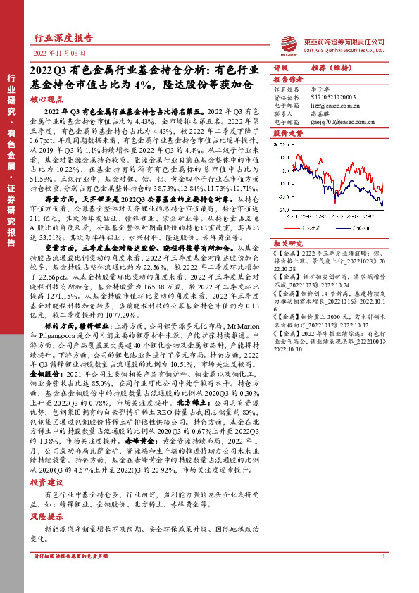 2022Q3有色金属行业基金持仓分析：有色行业基金持仓市值占比为4%，隆达股份等获加仓