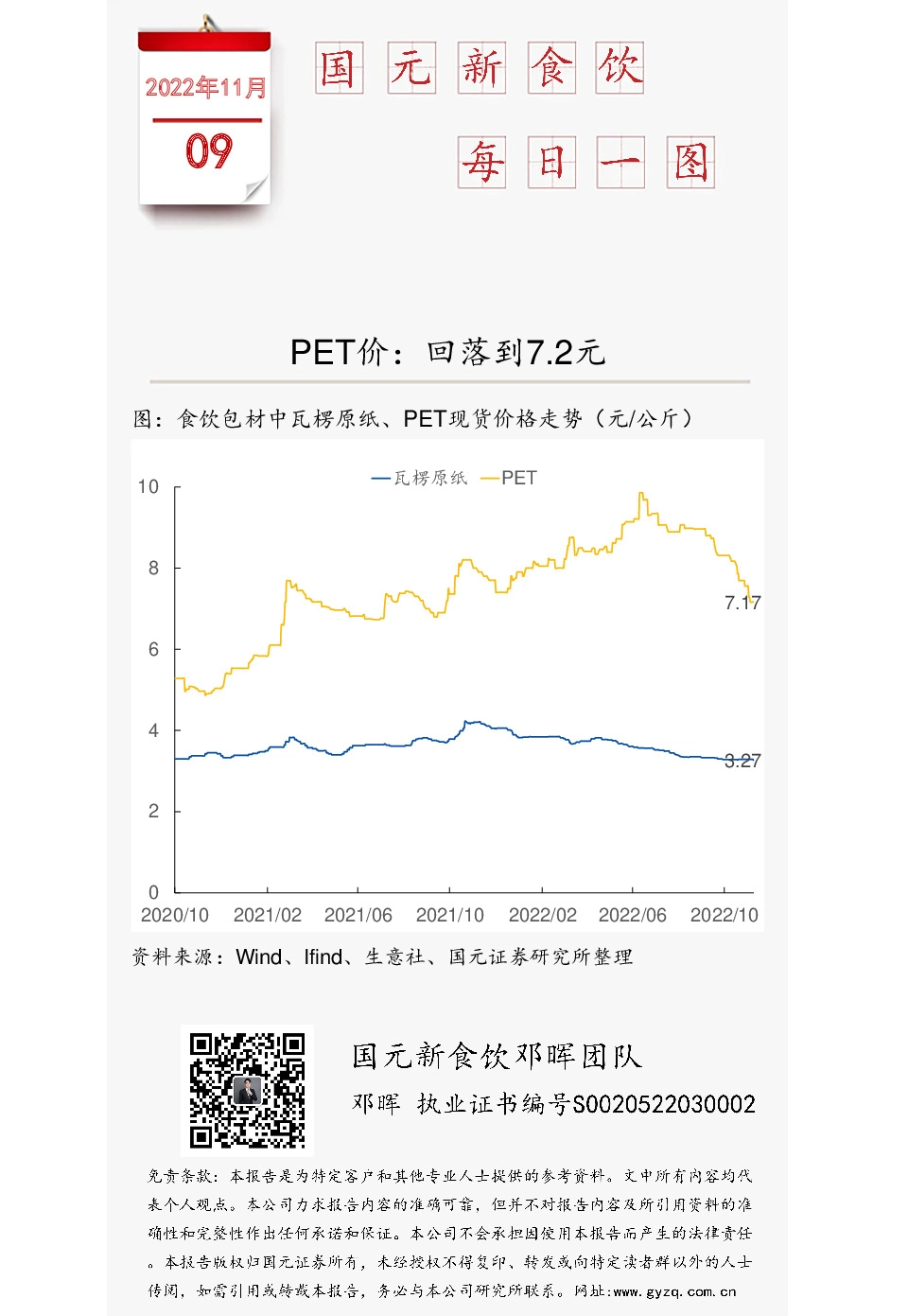 国元新食饮每日一图：PET价，回落到7.2元
