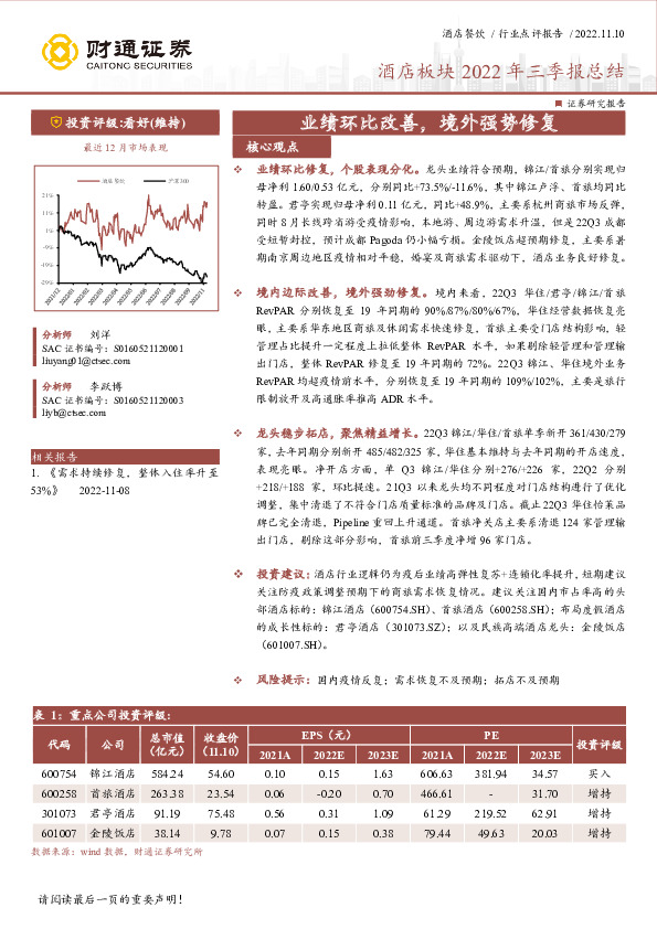 酒店板块2022年三季报总结：业绩环比改善，境外强势修复
