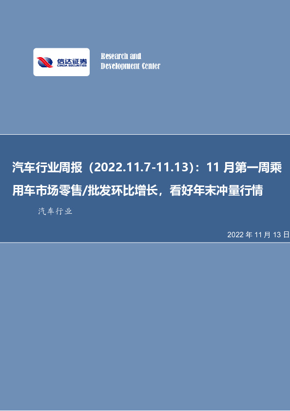 汽车行业周报：11月第一周乘用车市场零售/批发环比增长，看好年末冲量行情
