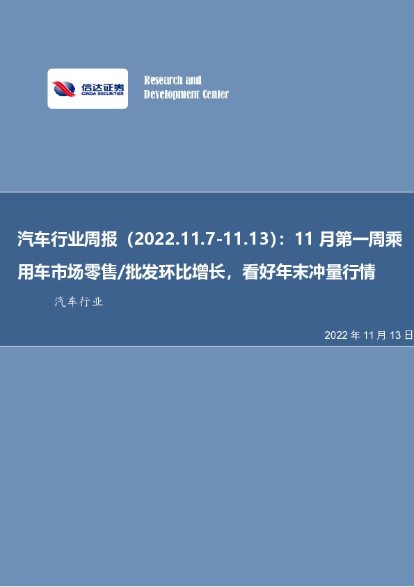 汽车行业周报：11月第一周乘用车市场零售/批发环比增长，看好年末冲量行情