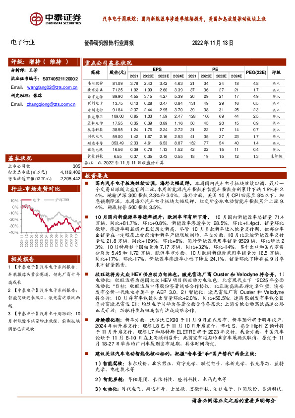 汽车电子周跟踪：国内新能源车渗透率继续提升，美国加息放缓推动板块上涨