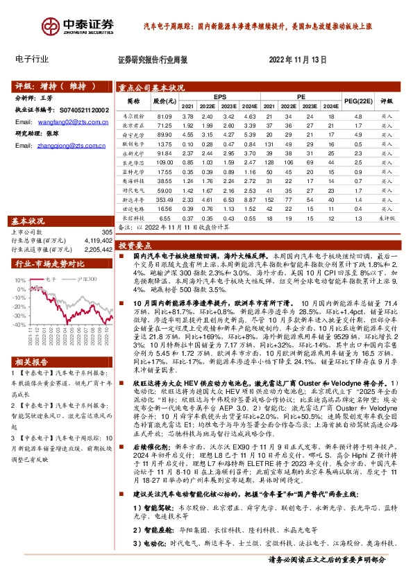 汽车电子周跟踪：国内新能源车渗透率继续提升，美国加息放缓推动板块上涨