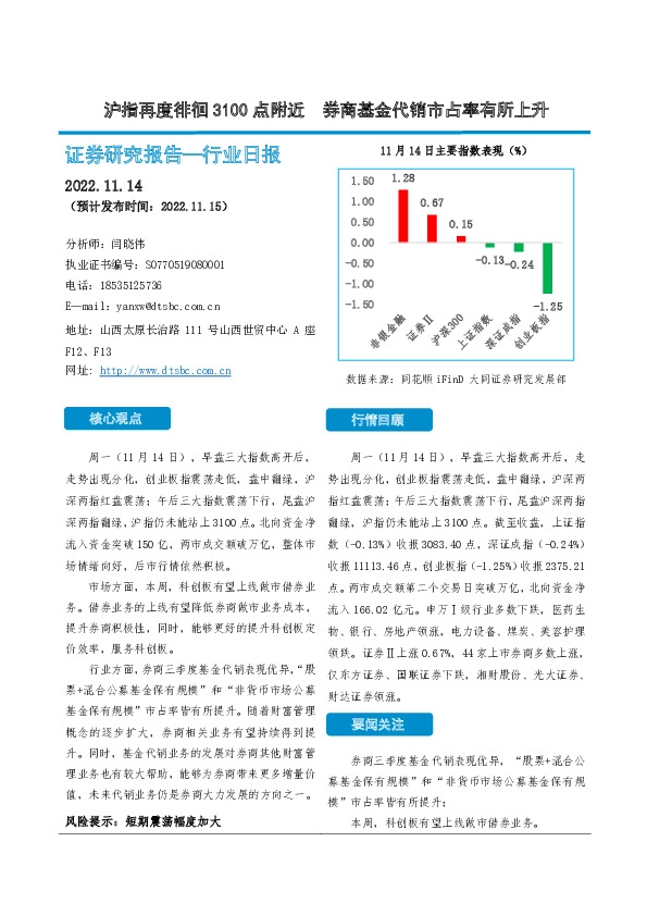 非银金融行业日报：沪指再度徘徊3100点附近 券商基金代销市占率有所上升