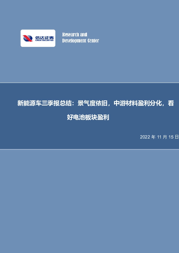 新能源车三季报总结：景气度依旧，中游材料盈利分化，看好电池板块盈利