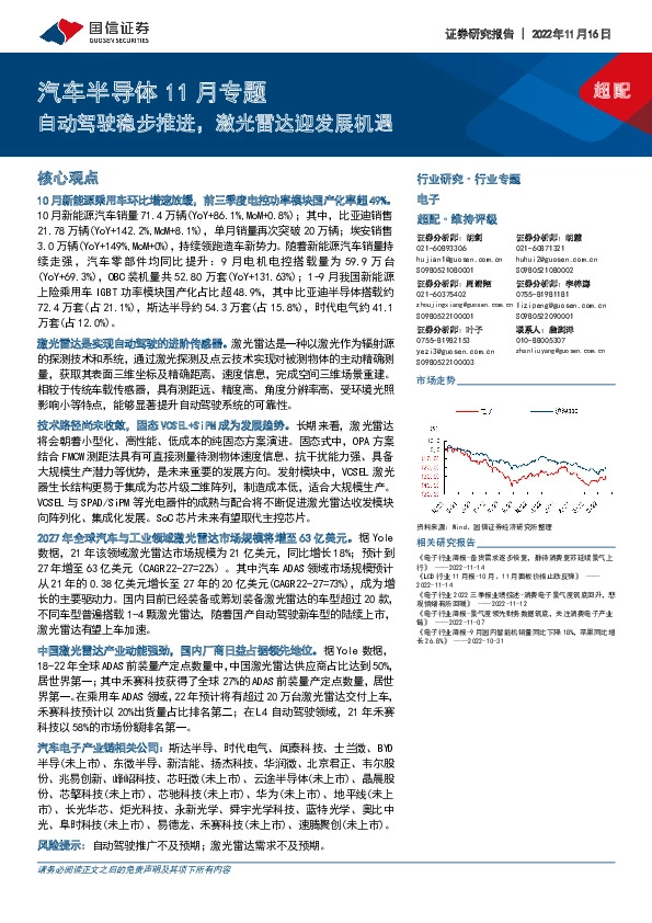 汽车半导体11月专题：自动驾驶稳步推进，激光雷达迎发展机遇