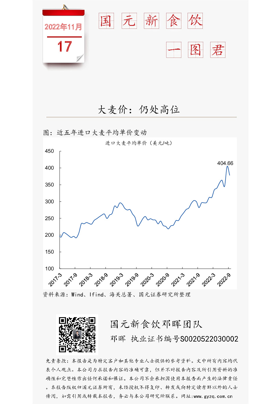 国元新食饮一图君：大麦价：仍处高位