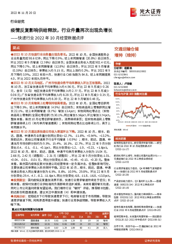 快递行业2022年10月经营数据点评：疫情反复影响供给释放，行业件量再次出现负增长