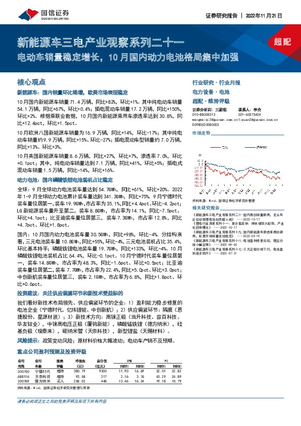 新能源车三电产业观察系列二十一：电动车销量稳定增长，10月国内动力电池格局集中加强