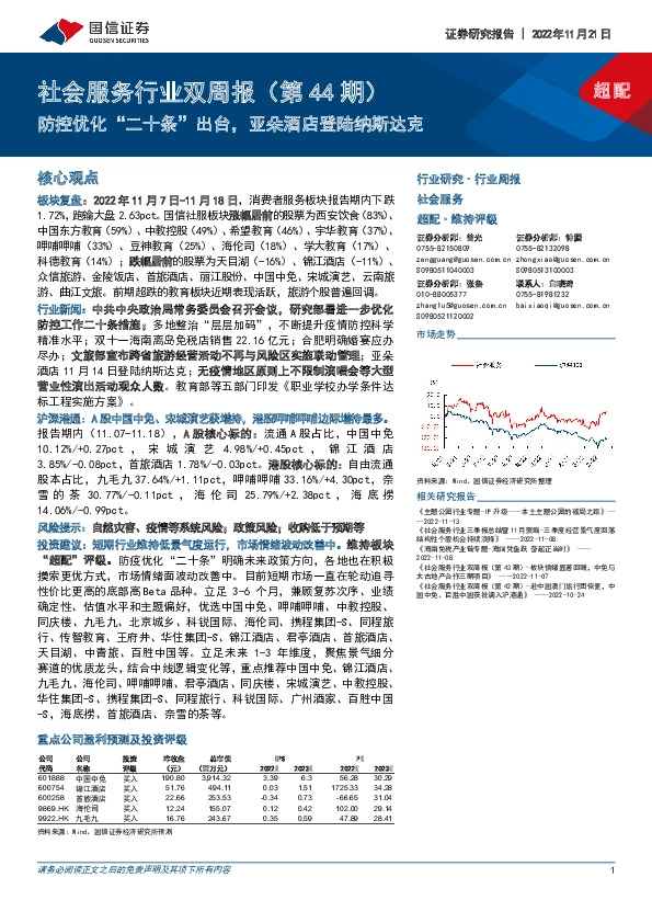 社会服务行业双周报（第44期）：防控优化“二十条”出台，亚朵酒店登陆纳斯达克