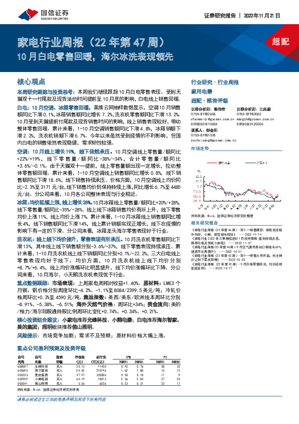 家电行业周报（22年第47周）：10月白电零售回暖，海尔冰洗表现领先