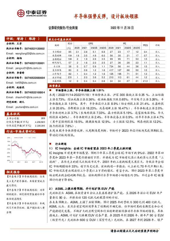 电子行业周报：半导体强势反弹，设计板块领涨