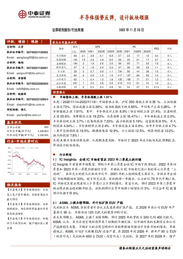 电子行业周报：半导体强势反弹，设计板块领涨