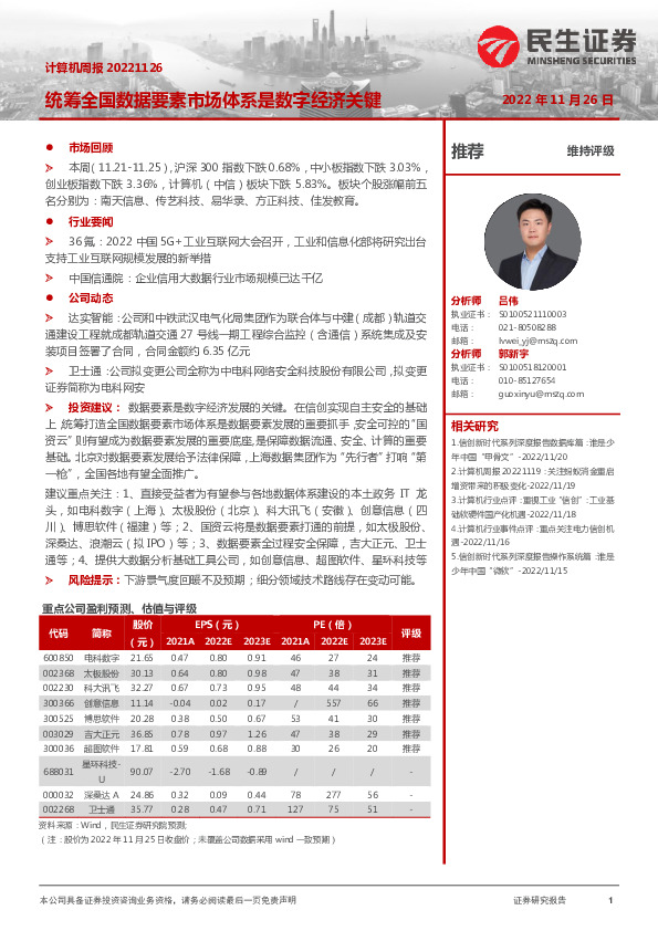 计算机周报：统筹全国数据要素市场体系是数字经济关键