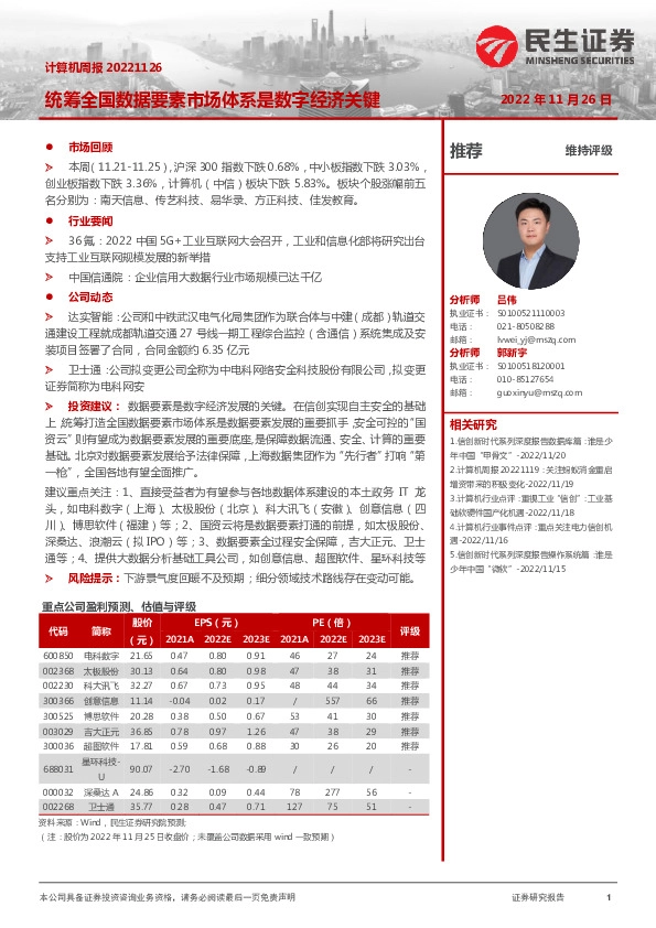 计算机周报：统筹全国数据要素市场体系是数字经济关键