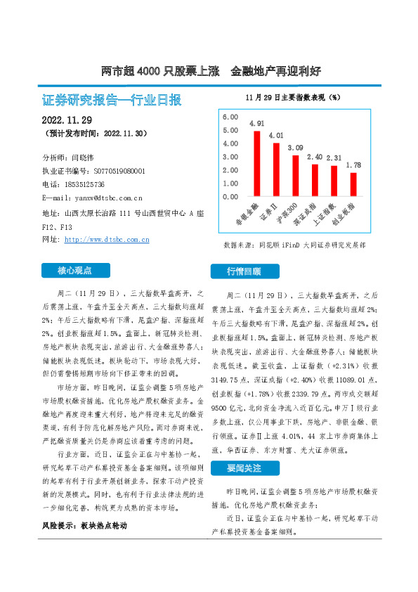 非银金融行业日报：两市超4000只股票上涨 金融地产再迎利好