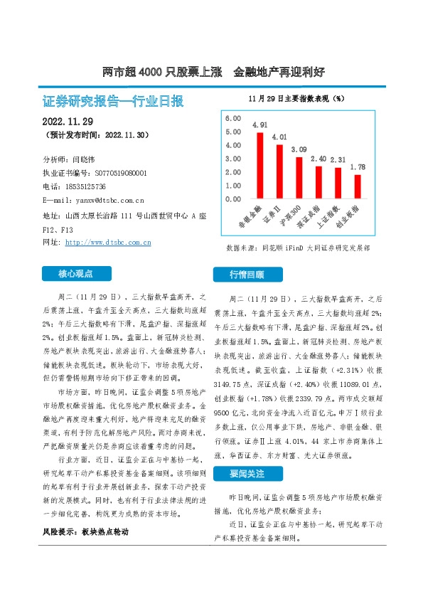 非银金融行业日报：两市超4000只股票上涨 金融地产再迎利好