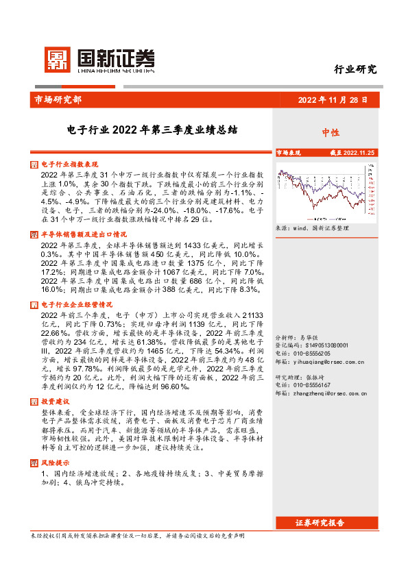 电子行业2022年第三季度业绩总结