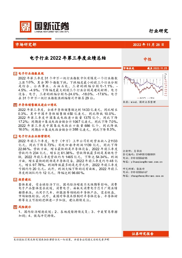 电子行业2022年第三季度业绩总结