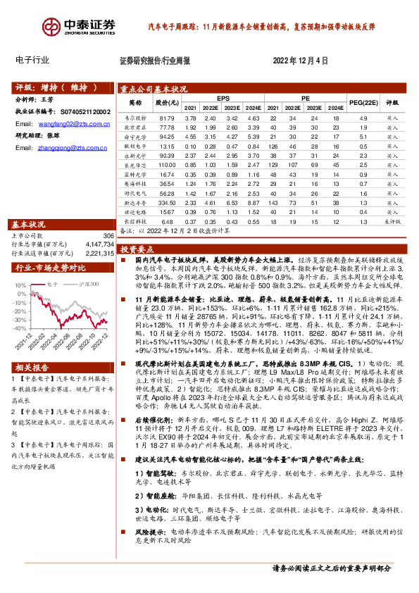 汽车电子周跟踪：11月新能源车企销量创新高，复苏预期加强带动板块反弹