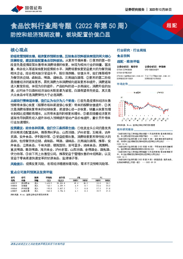 食品饮料行业周专题（2022年第50周）：防控和经济预期改善，板块配置价值凸显