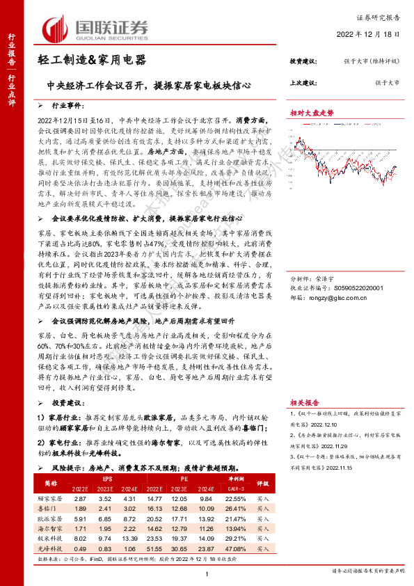 轻工制造&家用电器：中央经济工作会议召开，提振家居家电板块信心