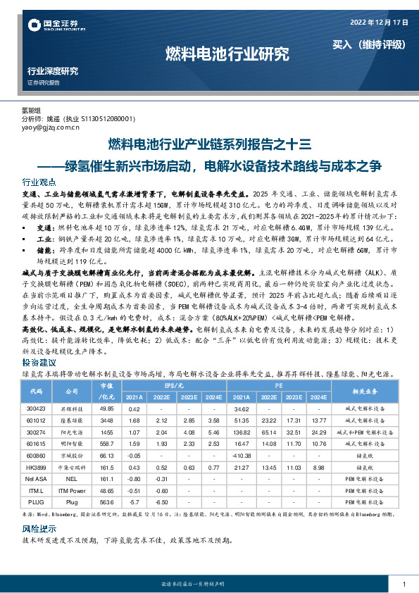 燃料电池行业产业链系列报告之十三：绿氢催生新兴市场启动，电解水设备技术路线与成本之争