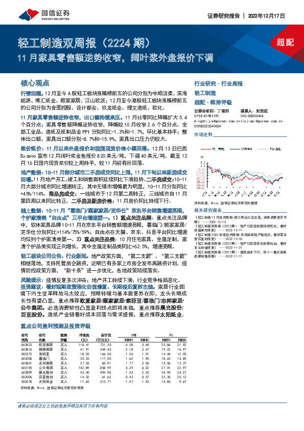 轻工制造双周报（2224期）：11月家具零售额逆势收窄，阔叶浆外盘报价下调