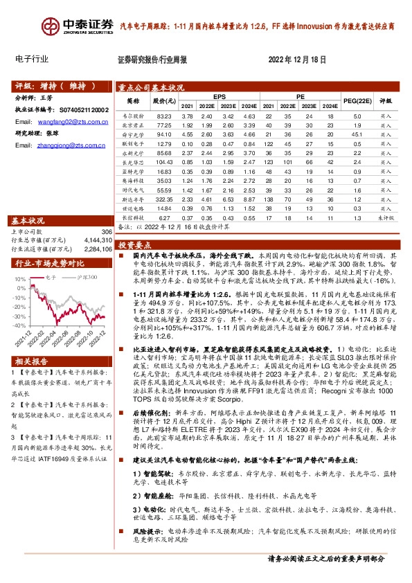 汽车电子周跟踪：1-11月国内桩车增量比为1:2.6，FF选择Innovusion作为激光雷达供应商