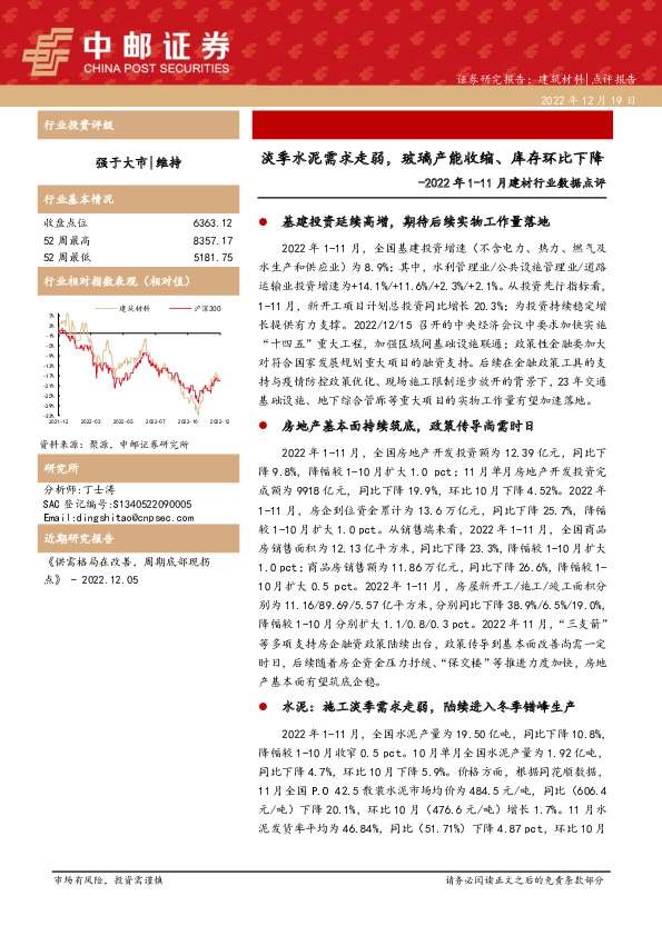 2022年1-11月建材行业数据点评：淡季水泥需求走弱，玻璃产能收缩、库存环比下降
