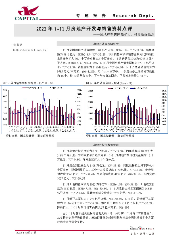 2022年1-11月房地产开发与销售资料点评：房地产销售降幅扩大，投资数据低迷
