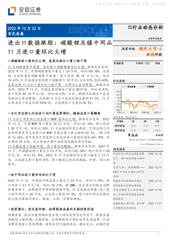 有色金属进出口数据跟踪：碳酸锂及镍中间品11月进口量环比大增