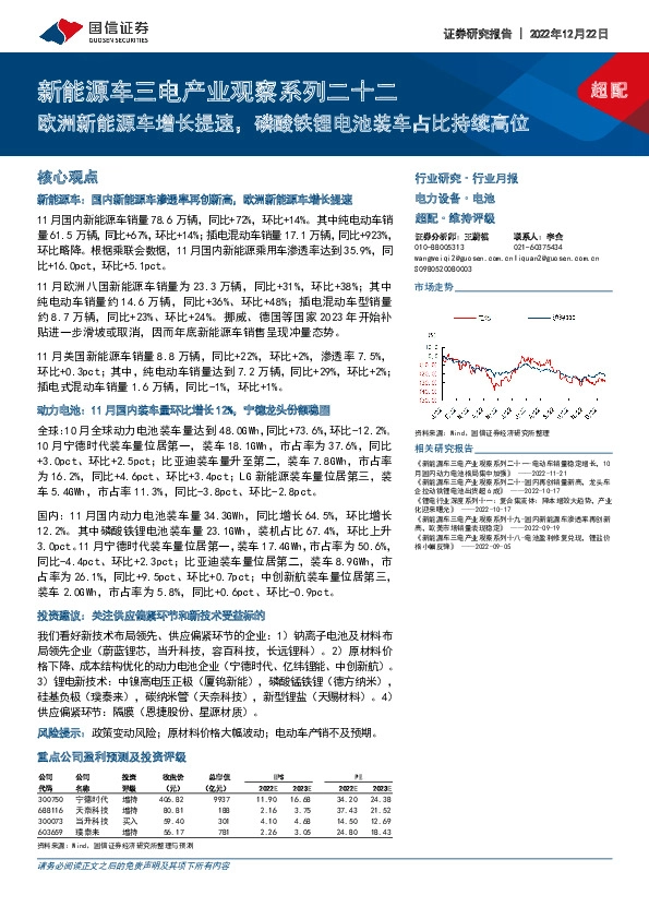 新能源车三电产业观察系列二十二：欧洲新能源车增长提速，磷酸铁锂电池装车占比持续高位