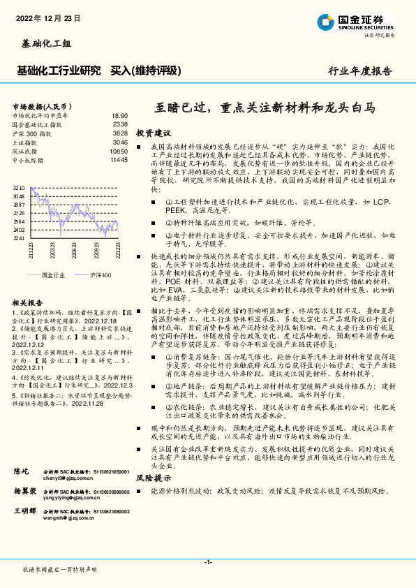 基础化工行业年度报告：至暗已过，重点关注新材料和龙头白马