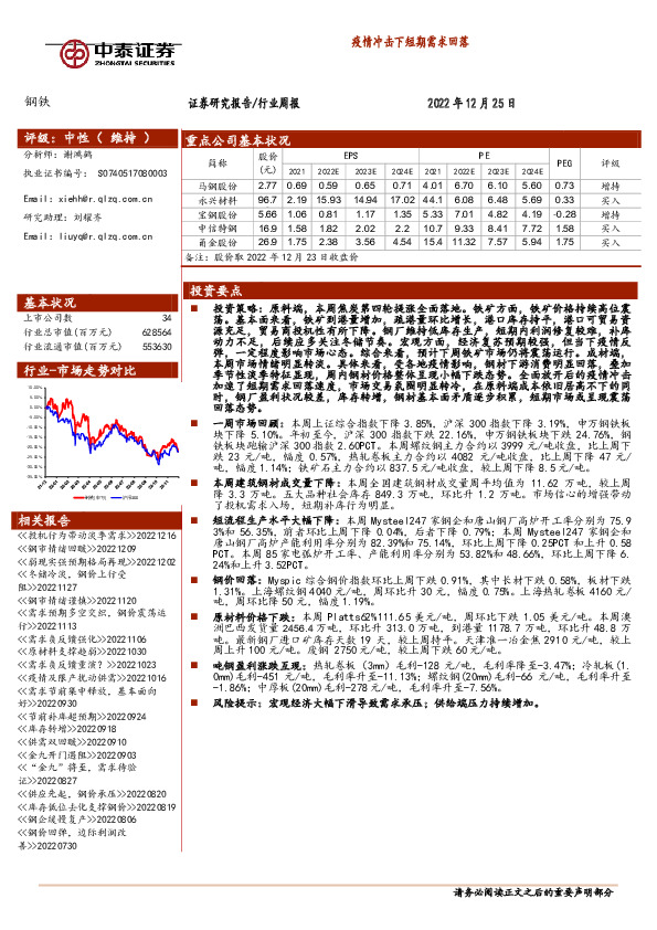 钢铁行业周报：疫情冲击下短期需求回落