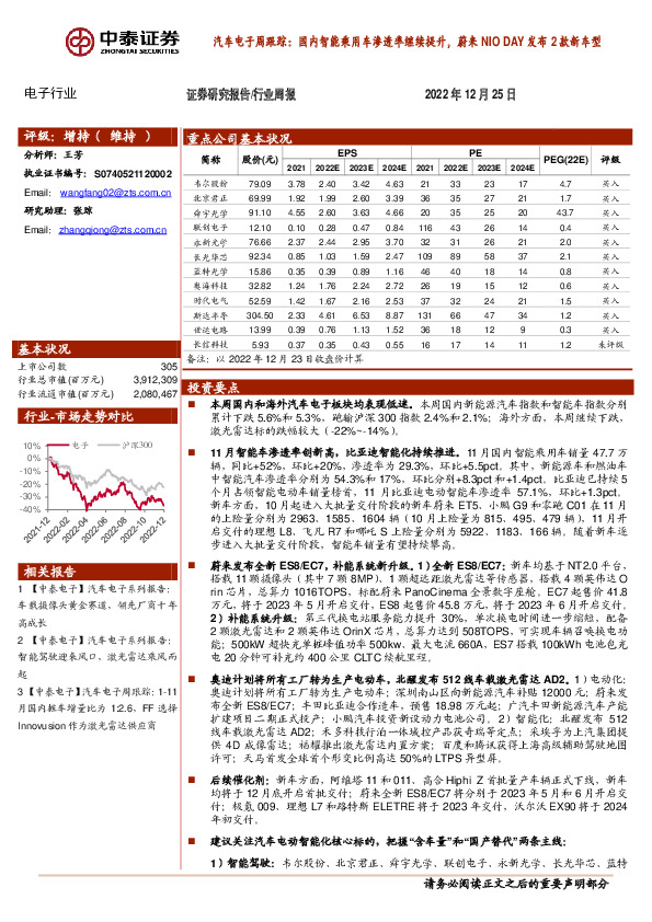 汽车电子周跟踪：国内智能乘用车渗透率继续提升，蔚来NIO DAY发布2款新车型