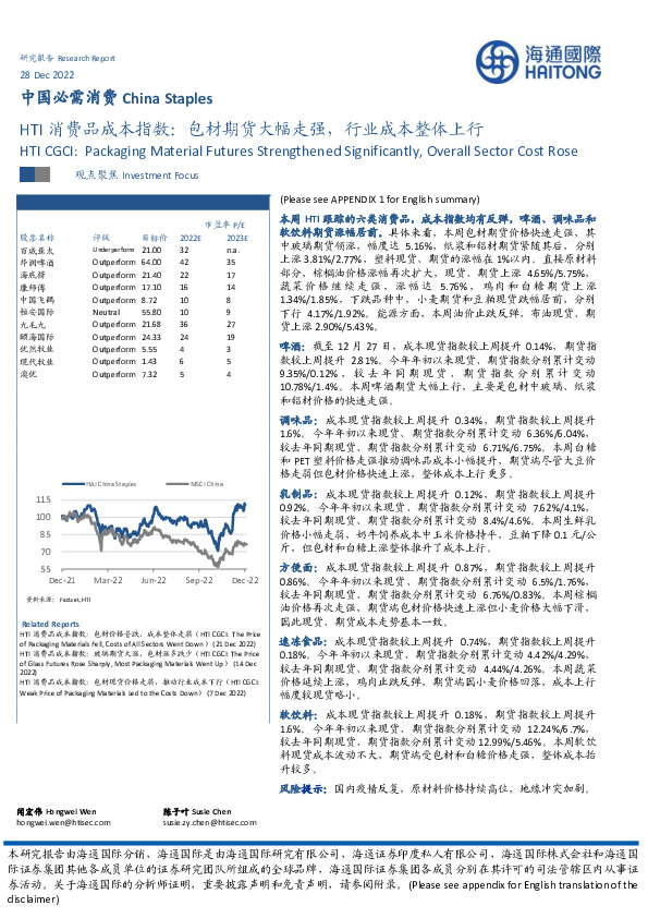 HTI消费品成本指数：包材期货大幅走强，行业成本整体上行