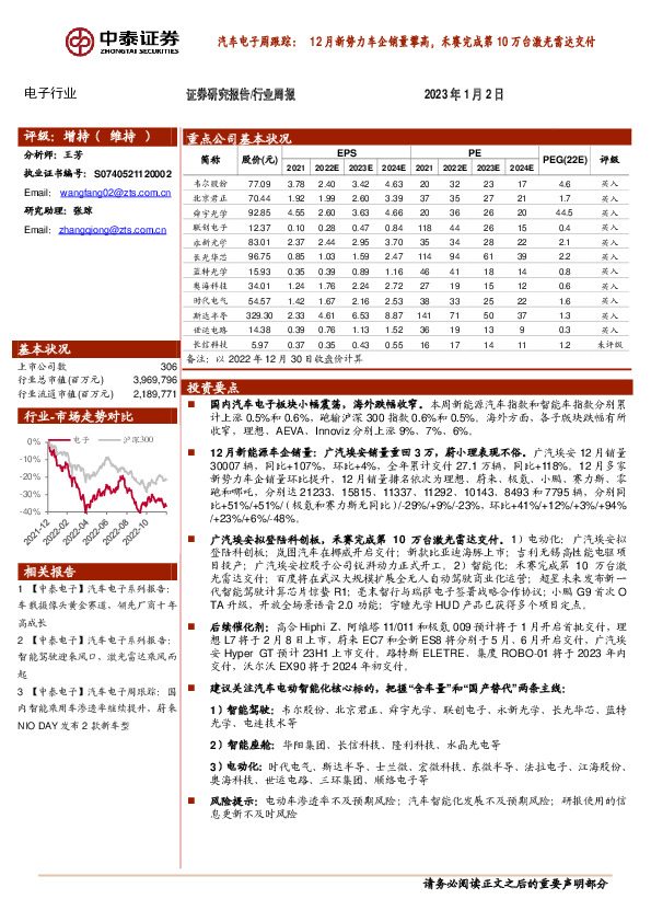 汽车电子周跟踪：12月新势力车企销量攀高，禾赛完成第10万台激光雷达交付