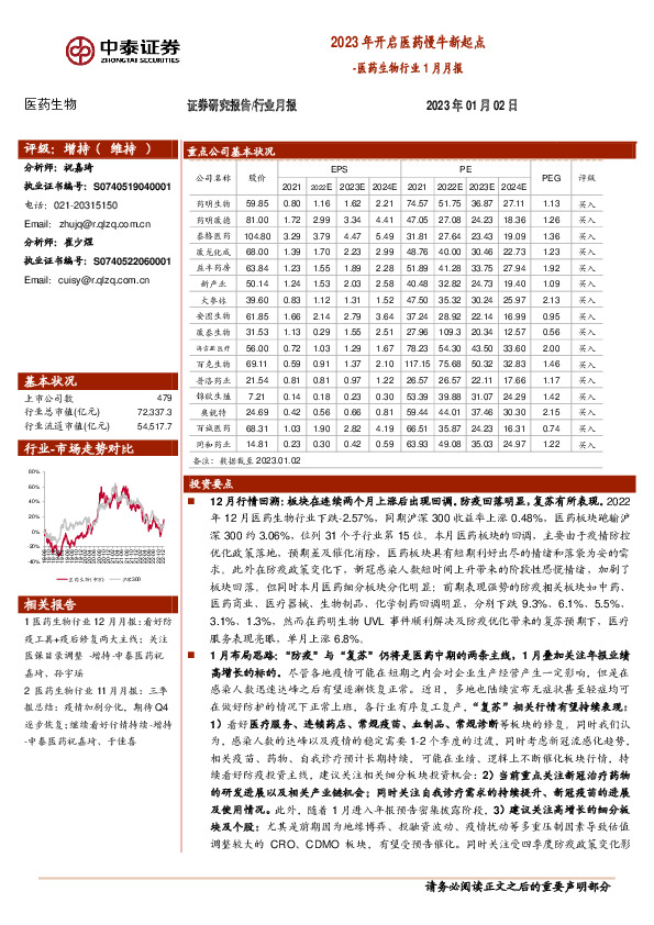 医药生物行业1月月报：2023年开启医药慢牛新起点