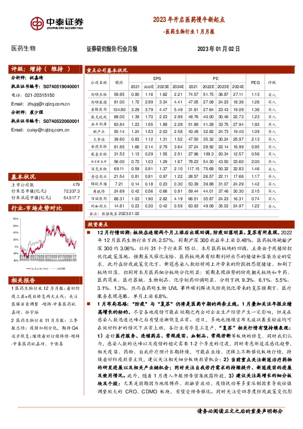 医药生物行业1月月报：2023年开启医药慢牛新起点
