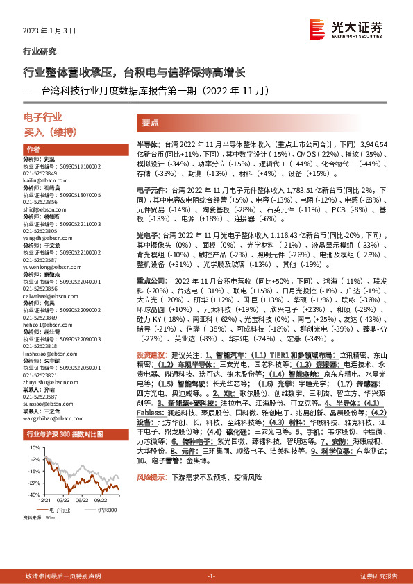 台湾科技行业月度数据库报告第一期（2022年11月）：行业整体营收承压，台积电与信骅保持高增长
