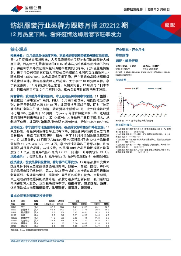 纺织服装行业品牌力跟踪月报202212期：12月热度下降，看好疫情达峰后春节旺季发力