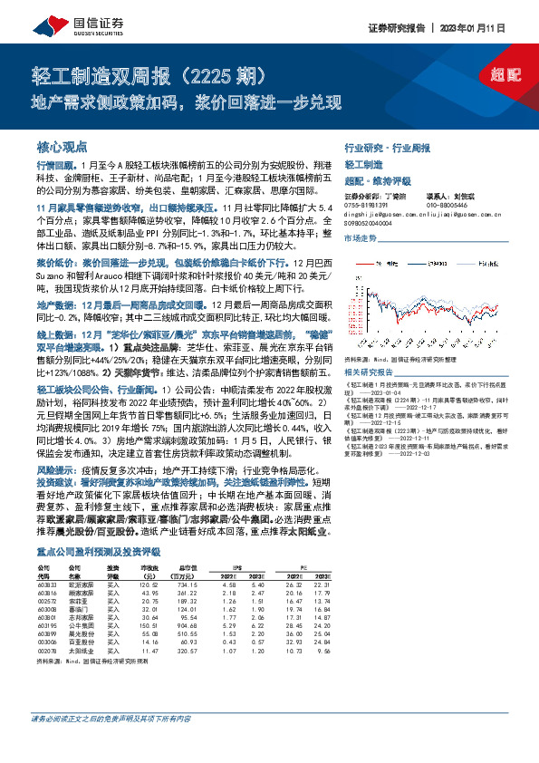 轻工制造双周报（2225期）：地产需求侧政策加码，浆价回落进一步兑现