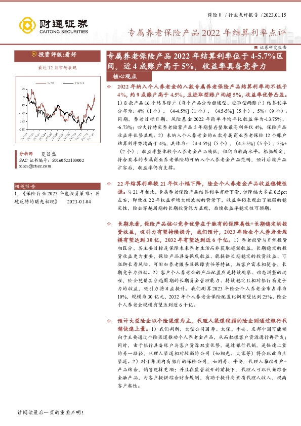 专属养老保险产品2022年结算利率点评：专属养老保险产品2022年结算利率位于4-5.7%区间，近4成账户高于5%，收益率具备竞争力