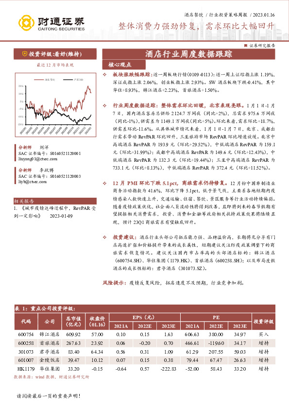 酒店行业周度数据跟踪：整体消费力强劲修复，需求环比大幅回升
