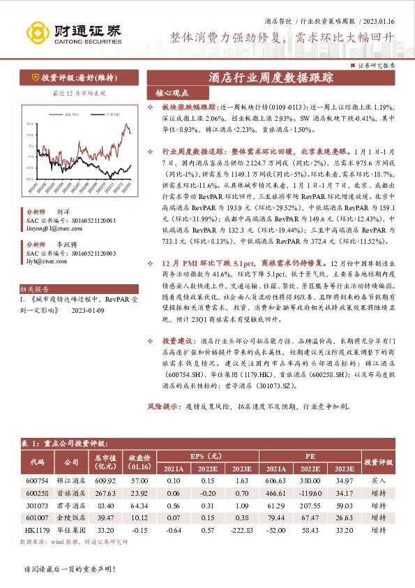 酒店行业周度数据跟踪：整体消费力强劲修复，需求环比大幅回升