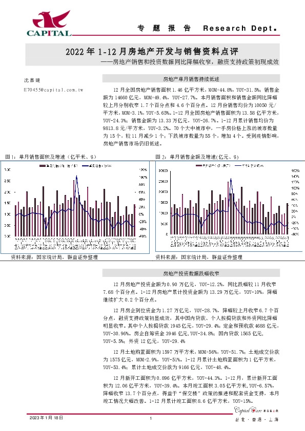 2022年1-12月房地产开发与销售资料点评：房地产销售和投资数据同比降幅收窄，融资支持政策初现成效