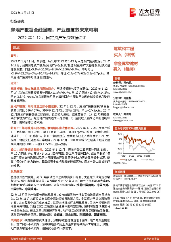 建筑和工程2022年1-12月固定资产投资数据点评：房地产数据全线回暖，产业链复苏未来可期